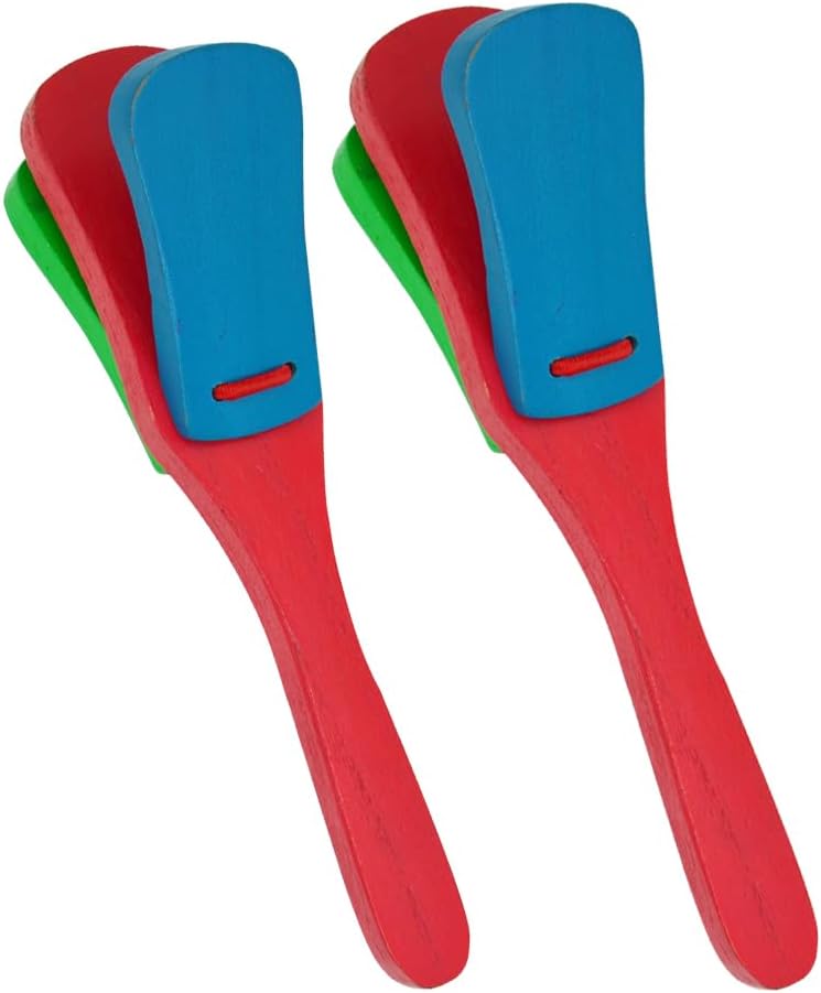 mocrcrel 2 Pcs Professional Castanets, Single Set with Handle，Wooden Castanet Clapper Educational Musical Percussion 8 inch (Blue +Red + Green) - Image 1
